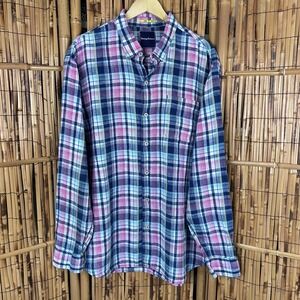 Tommy Bahama 100% Linen Romario Plaid Coastal Beachy Blue Pink LS Button Logo XL